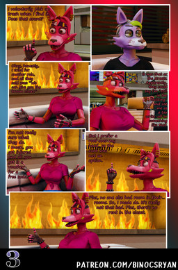 accessory anthro blue_clothing clothed clothing crossgender dialogue duo ear_piercing female fingers fire fireplace ftm_crossgender gradient_background green_hair hair headband laugh machine male male/female mtf_crossgender open_mouth piercing shirt_knot simple_background text binocszoomx10 disembowell_(modeler) red-eye_(modeler) five_nights_at_freddy's five_nights_at_freddy's:_security_breach scottgames steel_wool_studios fan_character fanmade_glamrock_foxy_(fnaf) glamrock_foxy_(fnaf) roxanne_wolf animatronic canid canine fox mammal robot 3d_(artwork) comic digital_media_(artwork) english_text hi_res url