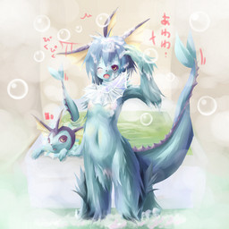 adolescent anthro anthrofied bath blue_hair bubble duo hair male navel one_eye_closed open_mouth pokemorph tail text water yellow_eyes young young_anthro kolshica nintendo pokemon eeveelution generation_1_pokemon pokemon_(species) vaporeon 1:1 japanese_text translation_request