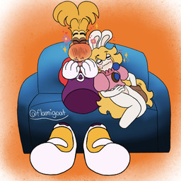 4_fingers anthro arms_bent bag bent_legs big_feet big_nose black_eyebrows blonde_hair blue_ear_piercing blue_sofa brown_eyelids clothed clothed_anthro clothed_female clothed_humanoid clothed_male clothing crumbs_on_face duo ear_piercing eating eating_food eyebrow_through_hair eyebrows eyes_closed featureless_legs feet female female_anthro fingers floating_hands floating_head floating_torso flower footwear fur furniture hair hand_in_bag happy heart_symbol holding_donut hoodie interspecies larger_humanoid larger_male long_ears long_hair male male/female male_humanoid messy_eater motion_lines multicolored_body noseless on_sofa orange_background piercing pink_clothing pink_flower pink_shirt pink_topwear plant purple_clothing purple_hoodie purple_topwear romantic romantic_ambiance shirt shoes short_hair simple_background sitting sitting_on_sofa size_difference smaller_anthro smaller_female sofa tan_body tan_eyelids tan_inner_ear tan_skin text topwear translucent translucent_hair two_tone_body white_body white_fur yellow_clothing yellow_footwear yellow_shoes flamigoat mario_bros mario_plus_rabbids_kingdom_battle mario_plus_rabbids_sparks_of_hope nintendo raving_rabbids rayman_(series) ubisoft rabbid_peach rayman humanoid lagomorph mammal rabbid raypeople_(rayman) 1:1 artist_name colored crossover digital_drawing_(artwork) digital_media_(artwork) english_description hi_res shaded