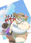 anthro blonde_hair blush bottomwear bracelet clothing dessert duo food fur hair hand_holding hat headgear headwear ice_cream ice_cream_cone jewelry male male/male overweight red_body red_fur romantic romantic_couple shirt shorts straw_hat tank_top topwear young young_anthro kusarikakemono lifewonders tokyo_afterschool_summoners babe_bunyan_(tas) zhurong_(tas) ailurid bovid bovine cattle mammal red_panda 2022 hi_res