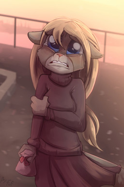 anthro biped blonde_hair blue_eyes bodily_fluids bottomwear breasts brown_body brown_fur clenched_teeth clothed clothing countershade_face countershade_fur countershading crying female front_view fur hair holding_object long_hair outside pink_nose sad skirt small_breasts solo standing sweater tears teeth topwear turtleneck white_body white_countershading white_fur young young_anthro young_female fuf sierra_(pumapaws) cougar felid feline mammal 2019 2:3 hi_res