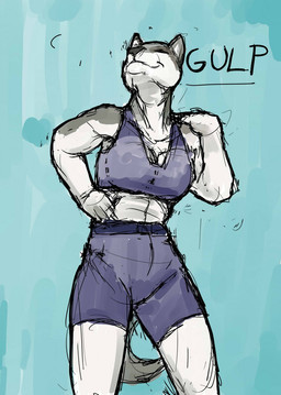 anthro blue_background blue_clothing bottomwear clothed_macro clothing eyes_closed female fur grey_body grey_fur hand_on_shoulder macro_female oral_vore shorts simple_background smile solo standing swallowing tail vore white_body white_fur jeri_kleinlowe canid canine canis mammal wolf 2012 colored guide_lines hi_res