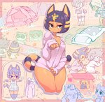 anthro anthro_focus bandage biped black_eyes blue_hair blush blush_stickers bodily_fluids breasts clothed clothing female hair half-closed_eyes happy looking_at_viewer male multiple_styles narrowed_eyes short_hair sitting small_breasts smile solo steam sweat wet wide_hips starmilk animal_crossing nintendo ankha_(animal_crossing) tom_nook_(animal_crossing) villager_(animal_crossing) canid canine domestic_cat felid feline felis human mammal raccoon_dog hi_res multiple_scenes sequence