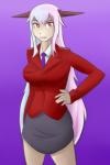 black_bottomwear black_clothing black_skirt bottomwear breasts business_suit clothed clothing female fully_clothed hair hand_on_hip horn long_hair monster_girl_(genre) not_furry open_mouth purple_background red_eyes simple_background skirt solo standing suit white_hair thundragon monster_girl_quest minagi_(mgq) demon humanoid 2:3 hi_res