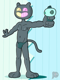 anthro bulge clothed clothing fur holding_object holding_weapon male nipples pattern_background simple_background smile solo speedo speedo_only swimwear topless weapon lewdware cartoon_network steven_universe cookie_cat domestic_cat felid feline felis mammal 2022 3:4 colored digital_media_(artwork) hi_res shaded signature