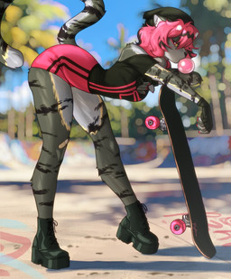 5_fingers anthro band-aid bandage biped bottomwear breasts bubble_gum claws clothed clothed_anthro clothed_female clothing day female finger_claws fingerless_gloves fingerless_handwear fingers footwear fully_clothed fully_clothed_anthro fully_clothed_female fur gloves grey_body grey_fur grey_stripes grey_tail hair handwear hat headgear headwear inner_ear_fluff looking_at_viewer markings outside pants pink_eyes pink_hair plant shoes skateboard sky solo standing striped_body striped_fur striped_markings striped_tail stripes tail tail_markings topwear tree tuft vehicle yellow_sclera pizhma domestic_cat felid feline felis mammal 2026 absurd_res digital_drawing_(artwork) digital_media_(artwork) hi_res