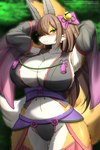 anthro big_breasts blush breasts brown_hair camel_toe cleavage clothed clothing female female_anthro fur green_eyes hair hands_behind_head huge_breasts kemono panties pupils raised_arms slit_pupils smile solo underwear white_body white_fur faroula canid canine canis fox mammal hi_res