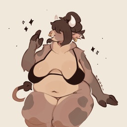 2_horns anthro belly big_breasts bikini bikini_top black_bikini_top black_bra black_clothing black_underwear bra breasts brown_hair clothing ear_piercing ear_ring facial_piercing female female_anthro front_view hair hair_over_eyes head_horn horn navel nose_piercing nose_ring overweight overweight_anthro overweight_female piercing ring_piercing sagging_breasts solo swimwear tail thick_thighs two-piece_swimsuit underwear paggi bri_(punkinbuu) bovid bovine cattle mammal 1:1 2024 digital_drawing_(artwork) digital_media_(artwork) hi_res portrait three-quarter_portrait
