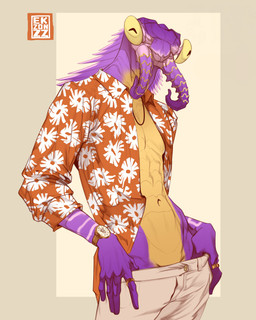 5_fingers bottomwear clock clothing fingers floral_print jewelry looking_at_viewer male navel necklace pants ring shirt solo topwear watch ekzonzz aquatic arthropod crustacean malacostracan mantis_shrimp shrimp absurd_res digital_drawing_(artwork) digital_media_(artwork) hi_res portrait