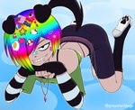 alternative_fashion black_tail butt clothed clothing femboy hair male multicolored_hair rainbow_hair scene_(fashion) simple_background smile solo tail greystwitpage_(artist) animal_humanoid canid canid_humanoid canine canine_humanoid dog_humanoid humanoid mammal mammal_humanoid 2025 absurd_res hi_res