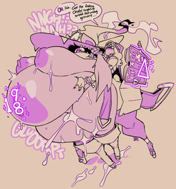 anthro big_breasts bodily_fluids breasts cigarette clothing cum cum_inflation cum_inside duo female female_penetrated from_behind_position genital_fluids hair hair_over_eye hat headgear headwear hyper hyper_pregnancy inflation magic_book magic_user male male/female penetration pregnancy_tally pregnant pregnant_sex sex standing standing_sex thick_thighs witch witch_hat jinti morgana_(shocksauce) nell_(jinti) bat bovid caprine mammal sheep hi_res