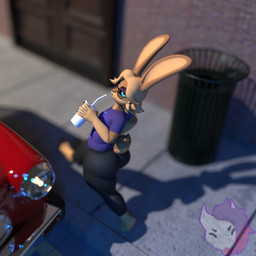4_fingers anthro barefoot big_butt black_sclera blue_eyes blurred_background bottomwear butt clothed clothing container cup feet fingers fur hair high-angle_view looking_at_viewer male outside solo tail tan_body tan_fur topwear walking winterdraco cj_(winterdraco) lagomorph leporid mammal rabbit 1:1 3d_(artwork) digital_media_(artwork) hi_res
