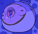 ambiguous_gender anthro berry_juice blue_body blue_fur blueberry_inflation blueberry_juice bodily_fluids body_inflation cheek_bulge claws clothed clothing double_chin fur hair immobile inflation juice_(beverage) lying on_front purple_hair solo spherical_inflation unusual_bodily_fluids calorie felid mammal pantherine snow_leopard