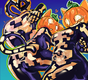 anthro big_butt blue_background breasts butt camel_toe female food for_a_head front_view fruit heart_symbol jack-o'-lantern looking_at_viewer looking_back looking_back_at_viewer plant pumpkin simple_background skeleton_costume solo thick_thighs wide_hips homar_simpleton epic_games fortnite spice_(fortnite) domestic_cat felid feline felis mammal object_head hi_res