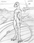2005 3_toes ambiguous_gender anthro biped cloud detailed_background feet forest graphite_(artwork) greyscale kasedries lizard long_tail looking_at_viewer monochrome mountain nude outside pencil_(artwork) plant reptile river scalie simple_background sky solo standing tail toes traditional_media_(artwork) tree white_background