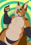 5_fingers anthro belly clothing collar fingers food male overweight overweight_anthro overweight_male piercing simple_background smile solo nethartic caracal caracal_(genus) felid feline mammal absurd_res hi_res