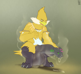 anthro bodily_fluids bottomwear clothing cock_transformation crouching duo genital_fluids genitals leaking_precum loincloth male male/male mid_transformation musk penis precum precum_on_ground spitting_cum transformation tribal vein veiny_penis mot dewey_(derpydewey) malaki_(malaki) aquatic avian fish shark absurd_res hi_res