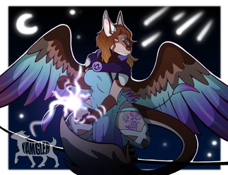 anthro blue_clothing brown_body clothing dress female fur magic meteor_shower night simple_background solo star tail tattoo wings yamgler european_mythology greek_mythology mythology avian canid canine canis hybrid mammal mythological_avian mythological_bird mythological_creature mythological_firebird phoenix wolf hi_res