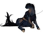 bridle clothed clothing ear_piercing ear_ring equid equine feral fur fur_growth growth hoof_growth hooves horse human hybrid_kane leash male mammal mid_transformation navy_fur piercing ring_piercing scar simple_background sitting solo torn_clothing transformation white_background