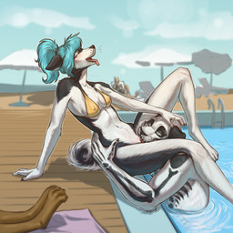anthro bluehair clothing crucis duo female fur licking male male/female public public_sex sex swimming swimming_pool swimwear tail tongue water white_body white_fur whitebody danawolfin yuki_(danawolfin) canid canine canis domestic_cat domestic_dog felid feline felis husky mammal nordic_sled_dog spitz 1:1 hi_res