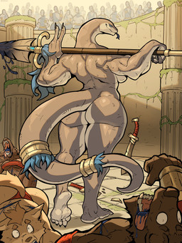 5_toes accessory anthro arena athletic athletic_female back_muscles bandeau barefoot big_breasts blood blue_sclera bodily_fluids breasts broken_sword broken_weapon butt casual_nudity claws clothing coliseum corpse countershade_feet countershading death defeated feet female female_death female_focus finger_claws forked_tongue furgonomics gesture hand_gesture holding_object holding_weapon humanoid_feet jewelry melee_weapon muscular muscular_anthro muscular_female non-mammal_breasts nude nude_female open_mouth plantigrade polearm public public_nudity ring side_boob smile soles solo_focus spear sword sword_in_ground tail tail_accessory tail_jewelry tail_ring teeth toe_claws toes tongue tongue_out topwear under_boob v_sign venom weapon wounded ceehaz laya-ka_(ceehaz) black_mamba canid elapid_(snake) mamba mammal reptile scalie snake 2025 3:4 absurd_res full-length_portrait hi_res portrait