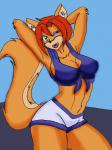 anthro bangs big_breasts breasts brown_body brown_fur cleavage clothed clothing costume ear_tuft female fur green_eyes hair inner_ear_fluff one_eye_closed orange_body orange_fur orange_hair pose solo tuft wink blackwind_zero jennifer_bourne canid canine fox hybrid mammal rodent sciurid tree_squirrel hi_res sibling_(lore) sister_(lore)