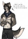 abs anthro biceps bottomwear clothed clothing greeting kerchief looking_at_viewer male muscular muscular_anthro muscular_male nipples pants pecs solo standing text topless l-i-t-t-l-e_f-i-r-e canid canine mammal english_text sketch