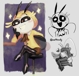 antennae_(anatomy) anus black_antennae blush bodily_fluids boots bottomwear brown_bottomwear brown_clothing brown_skirt butt clothing collar crossed_legs desk eyelashes female flat_chested footwear furniture genitals glistening glistening_clothing glistening_leggings glistening_legwear hand_on_face happy high_heeled_boots high_heels leggings legwear looking_at_viewer lying narrow_hips nipples nude on_side presenting presenting_hindquarters shoes sitting skinny skirt small_butt smile sparkles sparkling_eyes stool suit sweat table teeth thigh_boots thigh_highs thin_calves thin_legs thin_thighs vulva white_collar wings yellow_clothing yellow_suit oofrowdy nintendo pokemon ria_(oofrowdy) generation_7_pokemon pokemon_(species) ribombee hi_res shaded watermark