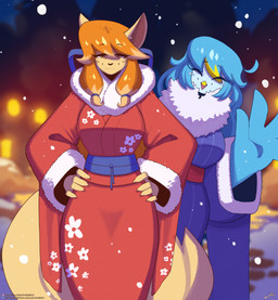 anthro asian_clothing beak big_breasts biped blonde_highlights blue_body blue_clothing blue_feathers blue_fur blue_hair blush breasts clothed clothing duo east_asian_clothing eye_through_hair eyebrow_through_hair eyebrows eyelashes eyes_closed feather_hair feather_hands feathered_wings feathers female fingers fur hair hands_on_hips highlights_(coloring) japanese_clothing kimono looking_at_viewer medium_breasts non-mammal_breasts open_mouth orange_hair pseudo_hair smile snow standing tail tan_body tan_fur tongue translucent translucent_hair wings winter yellow_beak lyorenth-the-dragon undertale undertale_(series) undertale_yellow ceroba_ketsukane martlet_(undertale_yellow) avian bird canid canine fox mammal monster 2026 digital_media_(artwork) hi_res