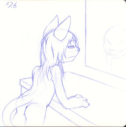 4_fingers altered_reflection anthro arm_support butt counter female fingers looking_at_mirror looking_at_object mirror nude reflection simple_background solo standing tired white_background young young_anthro sogaroth inktober domestic_cat felid feline felis mammal 2022 blue_and_white guide_lines hi_res monochrome