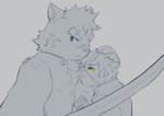 anthro blue_eyes duo eyebrows hug katana male male/male melee_weapon size_difference sword thick_eyebrows weapon yellow_eyes igarashi_ta lifewonders tokyo_afterschool_summoners moritaka_(tas) yoshito_(tas) canid canine canis domestic_dog mammal hi_res