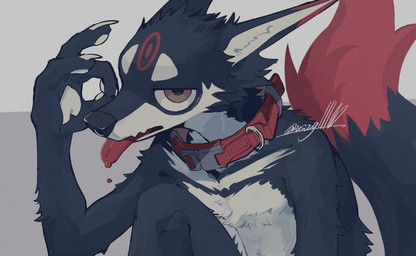 anthro biped collar collar_only dipstick_ears dipstick_tail ear_markings fur grey_background grey_body grey_fur inner_ear_fluff leather leather_collar male markings multicolored_body multicolored_ears multicolored_fur nude red_body red_eyes red_fur red_tail_tip simple_background solo tail tail_markings text tongue tongue_out tuft white_body white_fur white_inner_ear white_inner_ear_fluff usag11100 canid canine canis mammal wolf artist_name digital_drawing_(artwork) digital_media_(artwork) hi_res