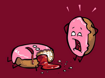 ambiguous_gender anthro bite_mark bite_taken candy_gore dark_humor death dessert doughnut duo empty_eyes food food_gore gore hand_on_head humor jelly_(food) not_furry open_mouth pastry red_background screaming simple_background what unknown_artist food_creature