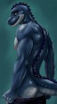 anthro athletic athletic_anthro athletic_male blue_body blue_scales bottomwear bottomwear_down butt clothed clothing male nipples pants pants_down partially_clothed rear_view scales seductive smile solo spikes topless undressing yellow_eyes bleakcat nouss_(spooner69er) crocodilian reptile scalie