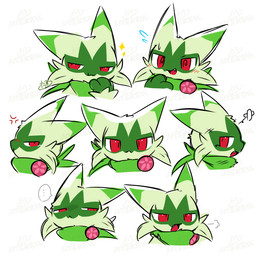 :3 ambiguous_gender angry anthro blush cheek_tuft dipstick_ears ear_markings facial_tuft fangs fur green_body green_fur markings multicolored_ears narrowed_eyes open_mouth red_eyes simple_background smile solo sparkles speech_bubble teeth tuft white_background tontaro nintendo pokemon felid feline floragato generation_9_pokemon mammal pokemon_(species) 1:1 2026 digital_media_(artwork) signature