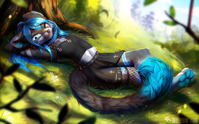 anthro black_body black_fur black_tail blue_eyes blue_hair blue_pawpads blurred_background bottomwear clothing day dipstick_tail fangs female fur grey_body grey_fur hair long_hair lying markings on_back one_eye_closed outside pawpads plant skirt solo tail tail_markings teeth tree bloominglynx hi_res