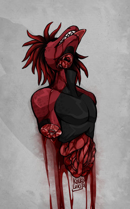 4_missing_limbs amputation amputee blood bodily_fluids corpse death disability dreadlocks gore guts male_death missing_lower_body organs partial_decapitation red_body snuff tongue tongue_out wounded kolkolukija furx_(character) lizard reptile scalie hi_res