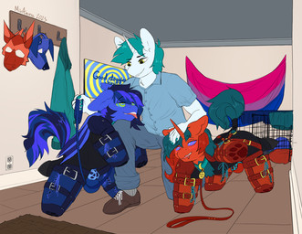 animal_mask anthro anthro_on_anthro balls bdsm bisexual_pride_colors bitchsuit blush bodysuit bondage_gear bound breath cage chastity_cage chastity_device clothing collar dominant dominant_male electronics flag flag_(object) genitals good_dog group half-closed_eyes harness holding_leash holding_object horn hypnosis hypnotic_screen inside leash lgbt_pride male male/male mask membrane_(anatomy) membranous_wings mind_control moan narrowed_eyes outlet panting penis petplay pride_colors pup_mask puppyplay ringed_eyes roleplay skinsuit smile spiral submissive submissive_male tail television tight_clothing tongue tongue_out trio wings miramore hasbro my_little_pony mythology cobalt_flash cyreni midnight_dusk_(lastmidnight) bat_pony equid equine mammal mythological_creature mythological_equine unicorn 2025 digital_media_(artwork) hi_res