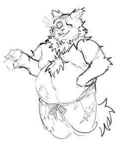 anthro belly big_belly bottomwear clothing fur legwear male navel overweight overweight_male pants smile solo tail porkjoshi deltarune undertale_(series) seam_(deltarune) animate_inanimate darkner felid feline mammal monochrome sketch nonbinary_(lore)