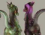 anthro anus blue_eyes breasts butt duo female fur genitals green_body green_fur green_hair hair horn looking_at_viewer pink_eyes purple_hair purple_stripes pussy raised_tail stripes tail take_your_pick tongue tongue_out spacesmilodon mythology kyisha raimia dragon mythological_creature mythological_scalie scalie absurd_res half-length_portrait hi_res portrait