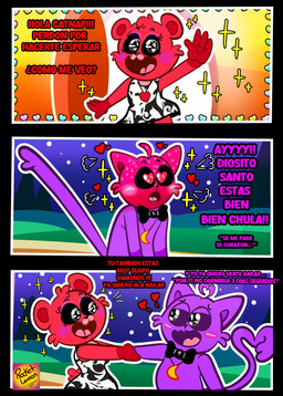 anthro blush clothing dress duo female heart_eyes heart_symbol love makeup male purple_body red_body red_face tail text rocketlennon mob_entertainment poppy_playtime smiling_critters bobby_bearhug catnap_(poppy_playtime) bear domestic_cat felid feline felis mammal absurd_res comic hi_res spanish_text