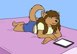 anthro bed black_nose brown_body brown_fur brown_hair clothed clothing female fur furniture hair long_hair smile solo tablet_computer alan_foreman freefall_(webcomic) florence_ambrose bowman's_wolf canid canine canis mammal red_wolf wolf