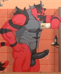 2021 abs absurd_res anthro balls big_muscles bodily_fluids bulge c_andreartz cellphone electronics erection generation_7_pokemon genital_fluids genitals hi_res holding_object holding_phone humanoid_genitalia humanoid_penis incineroar inside male mirror mirror_selfie muscular muscular_anthro muscular_male narrowed_eyes nintendo nipples nude pecs penis phone pokemon pokemon_(species) precum selfie shower smartphone smile solo standing