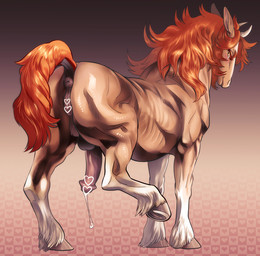 animal_genitalia animal_penis animal_vulva anus balls bedroom_eyes bodily_fluids brown_body brown_fur butt dock_(anatomy) equine_anus equine_genitalia equine_penis equine_vulva feathering feral fur genital_fluids genitals half-closed_eyes heart_censor heart_symbol hooves horn intersex looking_at_viewer maleherm narrowed_eyes pattern_background penis precum presenting presenting_vulva puffy_anus raised_leg rear_view seductive simple_background solo tail teats vulva isaki demon equid equine horse mammal 2018 censored