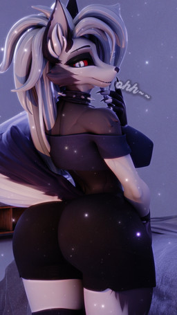 anthro bare_shoulders bed bedroom big_breasts big_butt big_tail black_body black_bottomwear black_clothing black_fingerless_gloves black_gloves black_handwear black_shorts blue_clothing blue_shirt blue_topwear bottomwear breasts butt claws clothed clothing collar crop_top eyebrow_piercing eyebrow_ring facial_piercing female fingerless_gloves furniture gloves hair handwear inner_ear_fluff inside long_hair looking_at_viewer looking_back looking_back_at_viewer nipple_outline off_shoulder particles piercing pupils rear_view red_sclera ring_piercing shirt shorts slit_pupils smile smiling_at_viewer solo spiked_collar spikes tail tail_aside text thick_thighs topwear tuft white_body white_eyes white_hair wide_hips mrs_dexie da.nilkaz_(modeler) hellaverse helluva_boss mythology loona_(helluva_boss) canid canid_demon canine demon hellhound mammal mythological_canine mythological_creature 2026 3d_(artwork) 9:16 absurd_res digital_media_(artwork) english_text hi_res