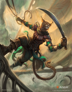 action_pose anthro armor belt boots brown_body brown_fur chain clothing cloud female footwear fur green_clothing holding_melee_weapon holding_object holding_sword holding_weapon leather leather_armor looking_up markings melee_weapon pose sail ship shoes solo spots spotted_body spotted_fur sword tail vehicle watercraft weapon michele_giorgi hasbro magic:_the_gathering wizards_of_the_coast mirri_cat_warrior catfolk leonin 2023 digital_media_(artwork) hi_res official_art