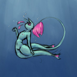 anthro black_nose blue_body bubble female genitals gills navel nipples nude simple_background solo tail underwater vulva water alexleviafan rain_world videocult rivulet_(rain_world) felid mammal slugcat