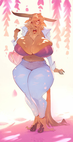 2_toes 5_fingers anthro bell bell_collar belly big_breasts big_horn bodily_fluids bottomwear breasts bulging_breasts cleavage clothed clothing cloven_hooves collar covered_eyes curvy_figure denim denim_bottomwear denim_clothing dewlap_(anatomy) feet female fingers fur hair hair_over_eyes hooved_fingers hooves horn huge_breasts huge_hips huge_thighs jacket jeans muffin_top navel open_clothing open_jacket open_topwear pants partially_clothed partially_clothed_anthro partially_clothed_female purse slightly_chubby slightly_chubby_anthro slightly_chubby_female small_waist smile solo sweat thick_thighs tight_clothing toes topwear unguligrade white_clothing white_jacket white_topwear wide_hips ulitochka freya_(wintertopdog) bovid bovine cattle highland_cattle mammal 2023 digital_media_(artwork) hi_res