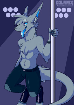 5_fingers anthro biped blue_eyes blue_tongue bottomwear chest_tuft claws clothed clothing digitigrade fingers fur furgonomics grey_body grey_fur inner_ear_fluff looking_at_viewer male open_mouth pants pole pupils sharp_teeth simple_background slit_pupils smile solo standing stripper_pole tail teeth text tongue tongue_out topless tuft colarix mythology joona_(colarix) dragon furred_dragon furred_scalie mythological_creature mythological_scalie scalie 2016 digital_media_(artwork) hi_res url watermark