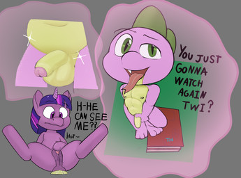 anthro balls bodily_fluids duo female feral forked_tongue fur genitals hair horn male male/female masturbation multicolored_hair open_mouth purple_body purple_fur purple_hair tongue voyeur young tirildraws_(artist) friendship_is_magic hasbro my_little_pony mythology spike_(mlp) twilight_sparkle_(mlp) equid equine horse mammal mythological_creature mythological_equine scalie unicorn